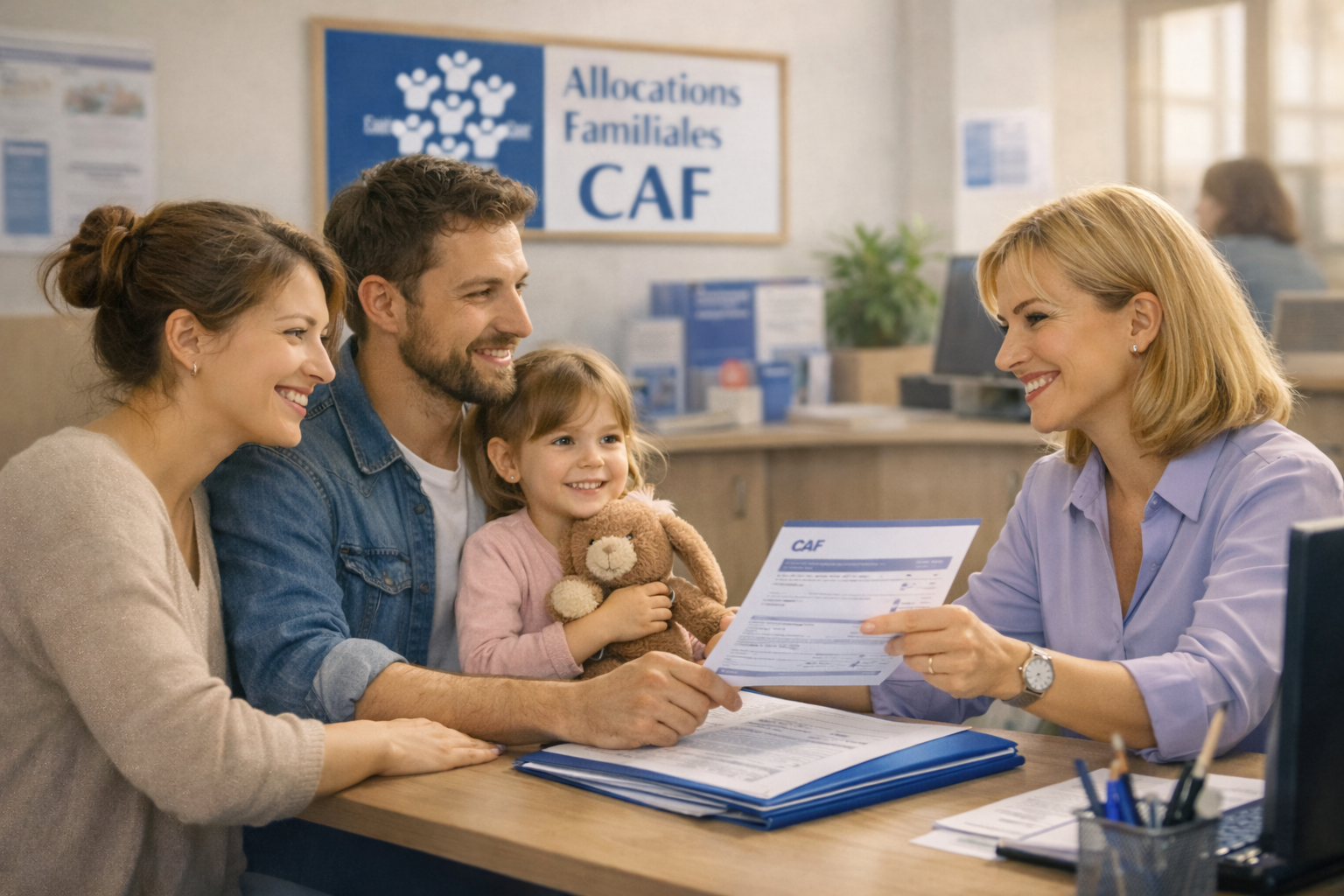 Famille reçue au guichet de la CAF, remise d'un document à Angers